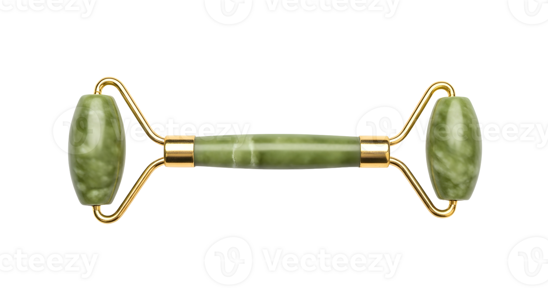 A close up studio shot of a jade roller with gold accents on a plain transparent background png