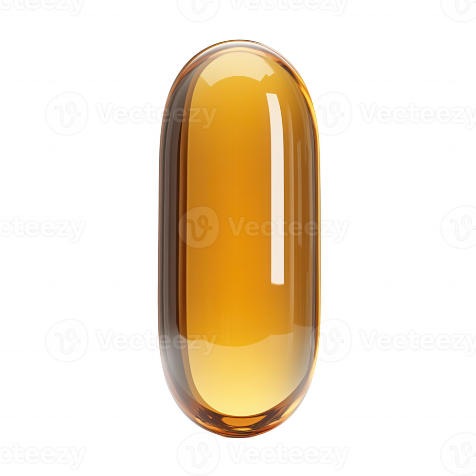 3d icon Close up a transparent golden gel capsule, creating a sleek and modern representation of health and wellness. Isolated of png