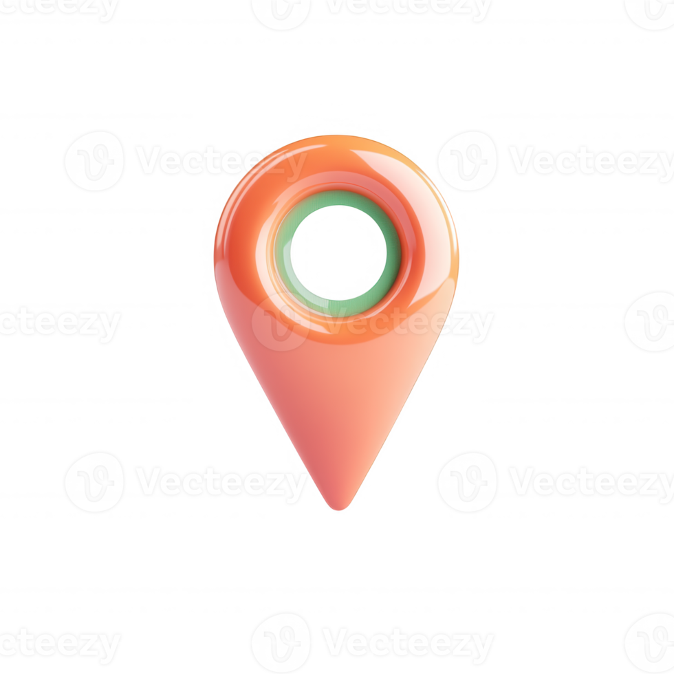 glossy icon location orange 3d pin icon with transparent center indicating position on background. Isolated transparent png