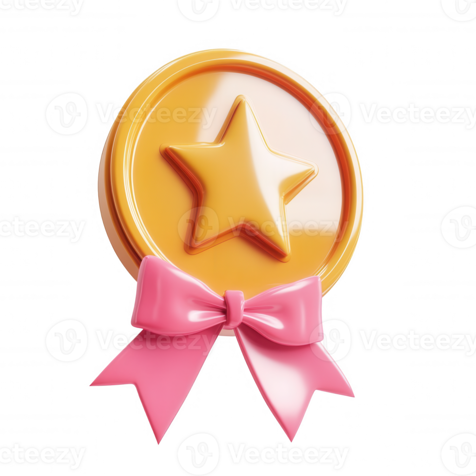 3d icon golden medal with embossed star and pink ribbon represents quality, and success, isolated on transparent background png