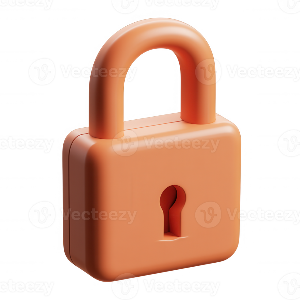 3d icon bright orange padlock securing digital privacy, symbolizing data protection with clean transparent background isolated png