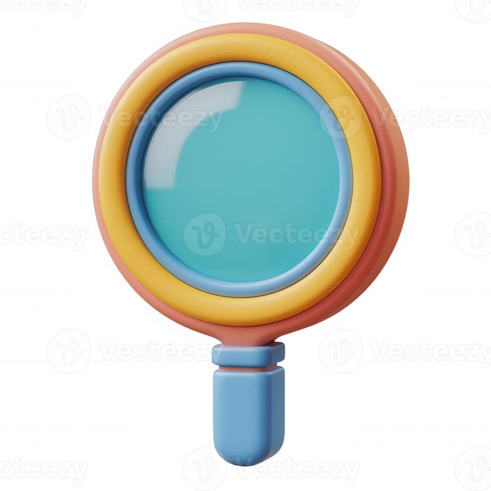 3d icon and glass with colorful frame and transparent lens, symbolizing searching magnifying discovery Isolated png