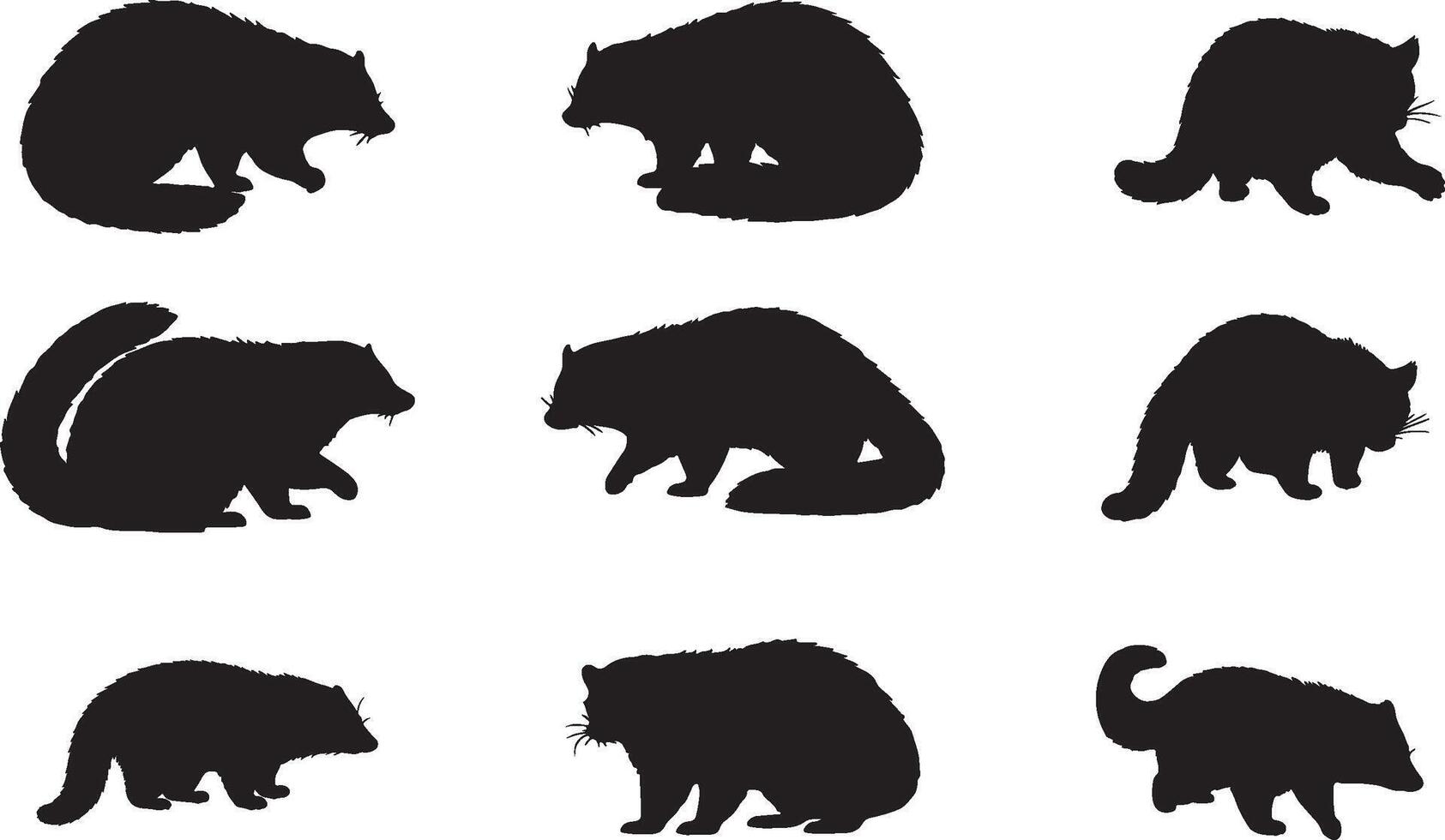Solid Black Silhouettes of Binturong on White Background collection vector