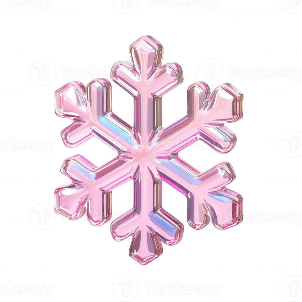 3d icon glossy snowflake featuring pink gradient transparent colors, against transparent background, ideal for winter graphic elements. Isolated sparkling png