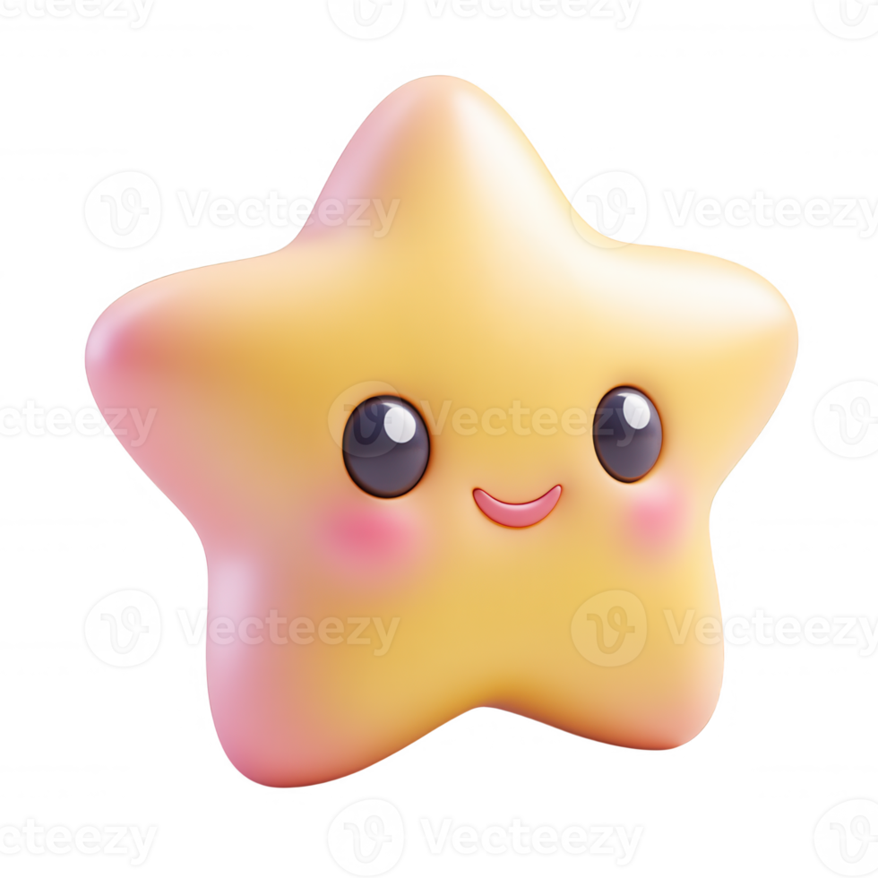 3d icon yellow glossy star with a happy smiling face, perfect for children projects on a transparent background png