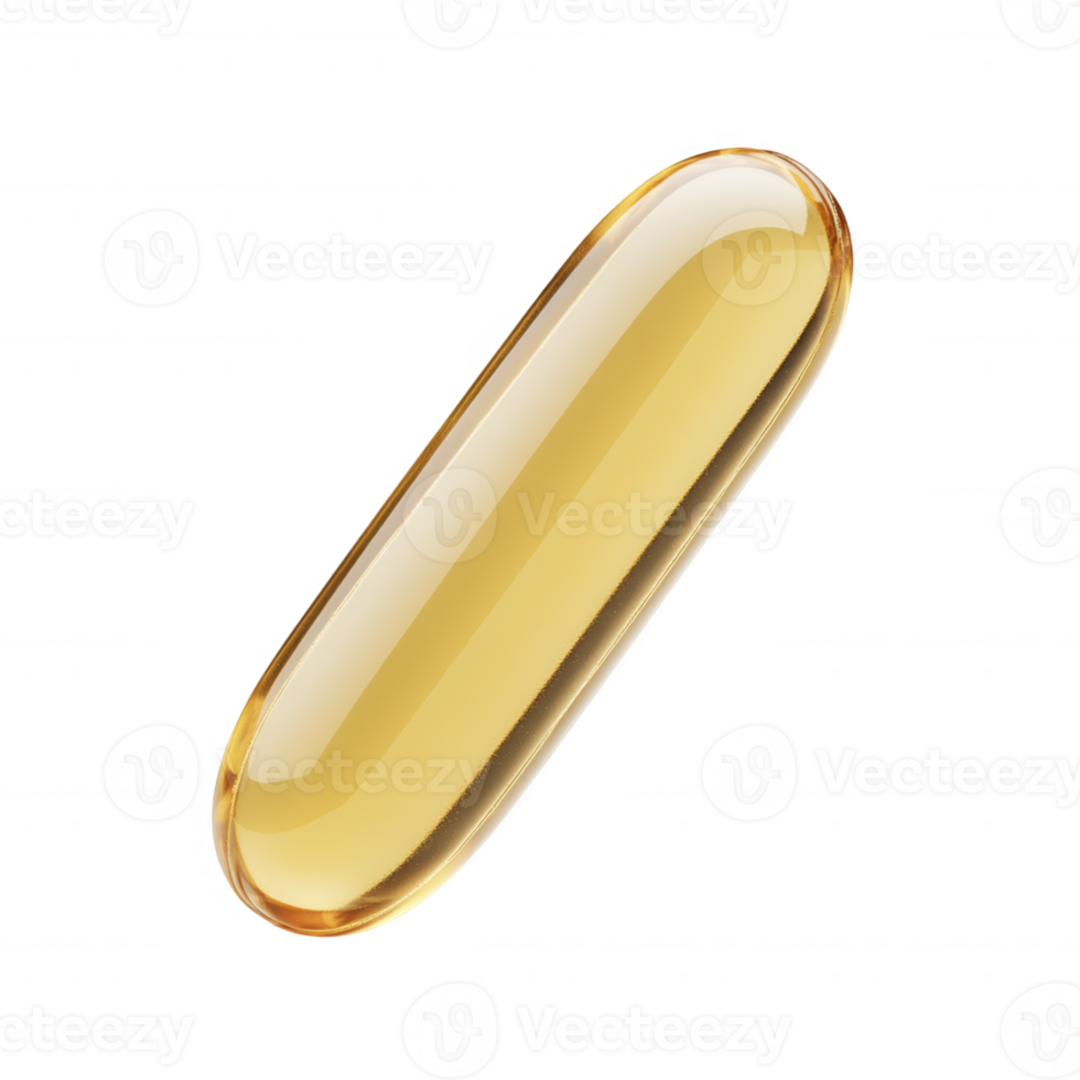 3d and Close up of icon transparent golden gel capsule, creating a sleek and modern representation of health a wellness. Isolated png
