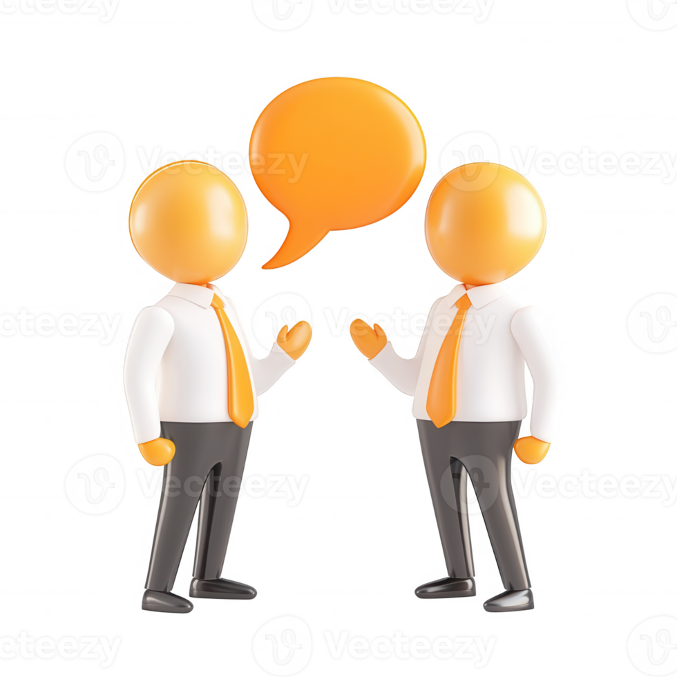 3d icon of Two businessmen characters having a conversation, represented by an orange speech bubble, isolated on transparent background png