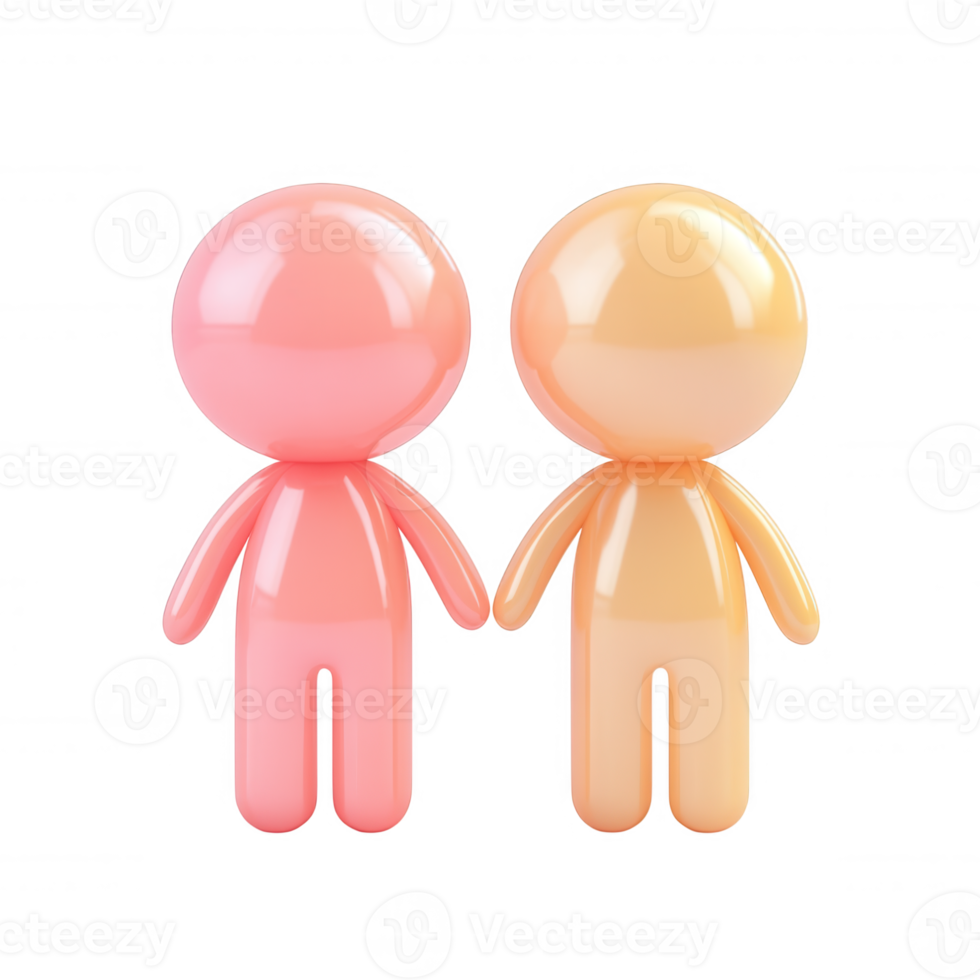 3d icon two stylized characters, one pink and one orange, stand side by side, background hands, against a transparent holding png