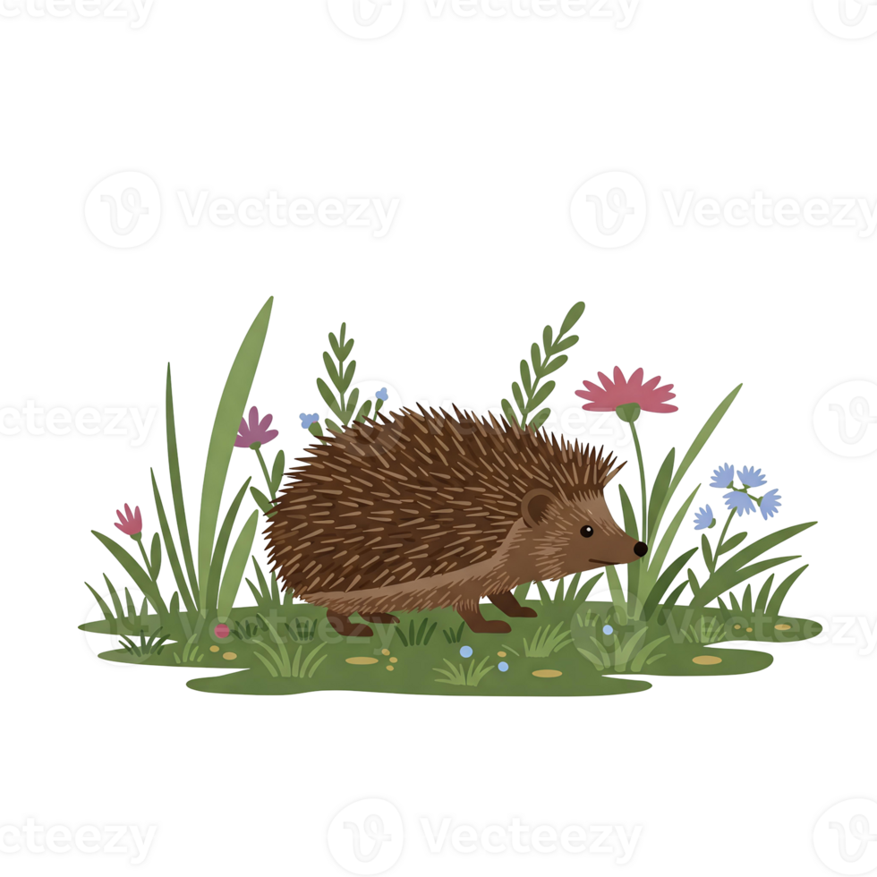 A hedgehog in the grass with flowers png
