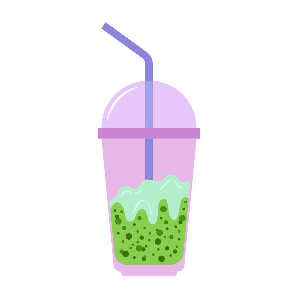 Assorted juice and bubble tea bottles with fruits and straw. Summer cool drink. vector