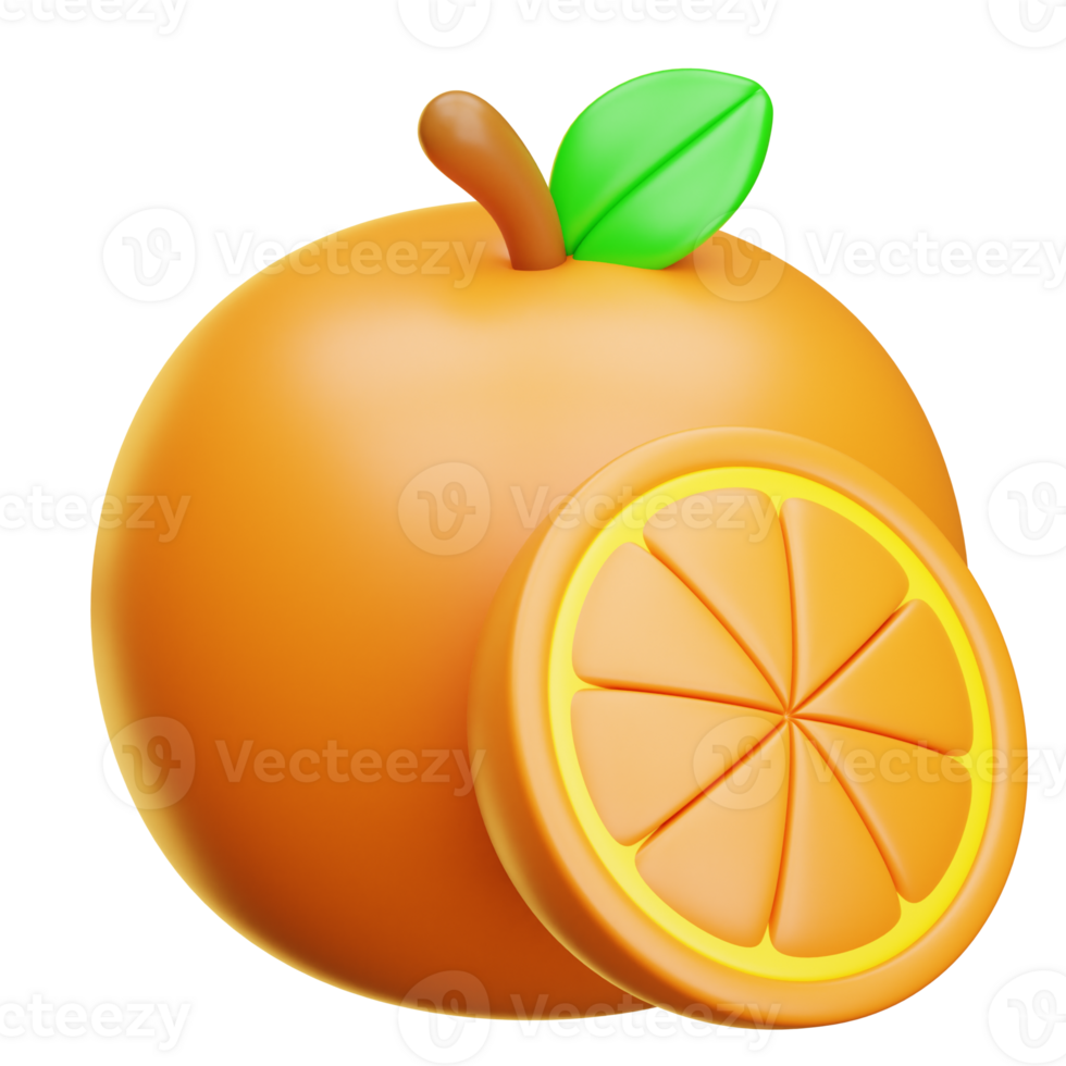 3d orange fruit with slice and leaf png