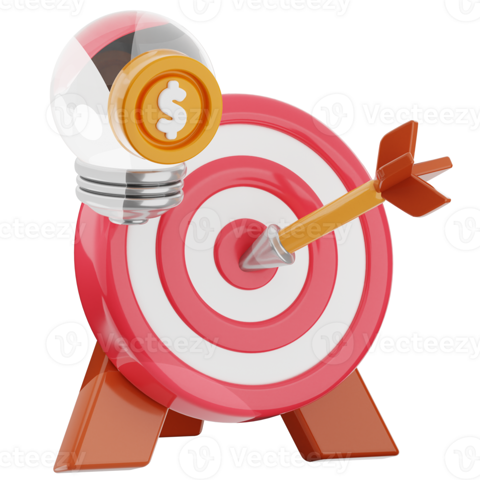 Business strategy, marketing target 3d illustration. bullseye and bulb icon. png