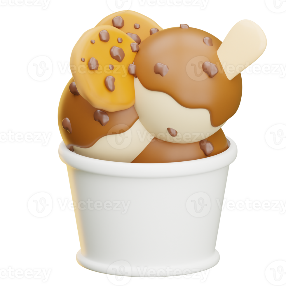 Ice cream scoops with chocolate and cookies in a cup 3d illustration png