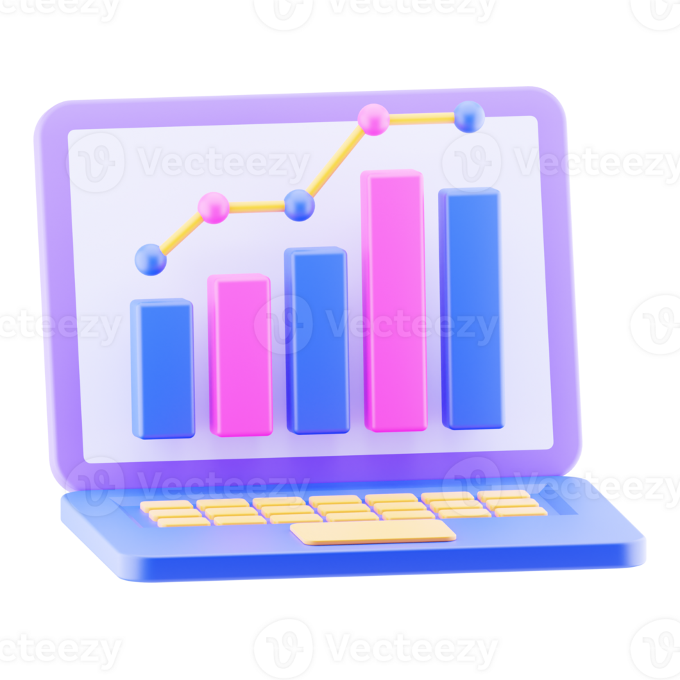 Business laptop, investment growth, business chart illustration isolated. 3d render icon. png