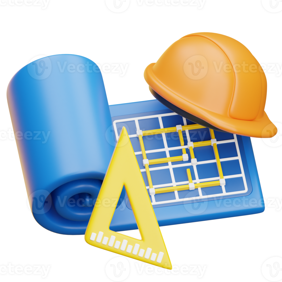 Construction tools including blueprint, set square, rolled-up plan and helmet png
