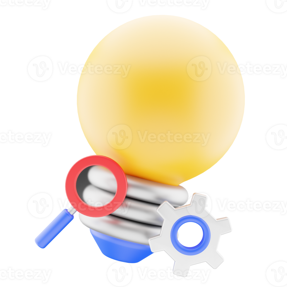 Idea, creativity illustration concept. yellow bulb, magnifier 3d render icon isolated. png