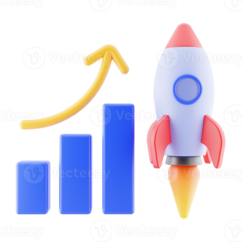 Startup growth, business graph. Rocket launch 3d illustration. 3d render icon isolated. png