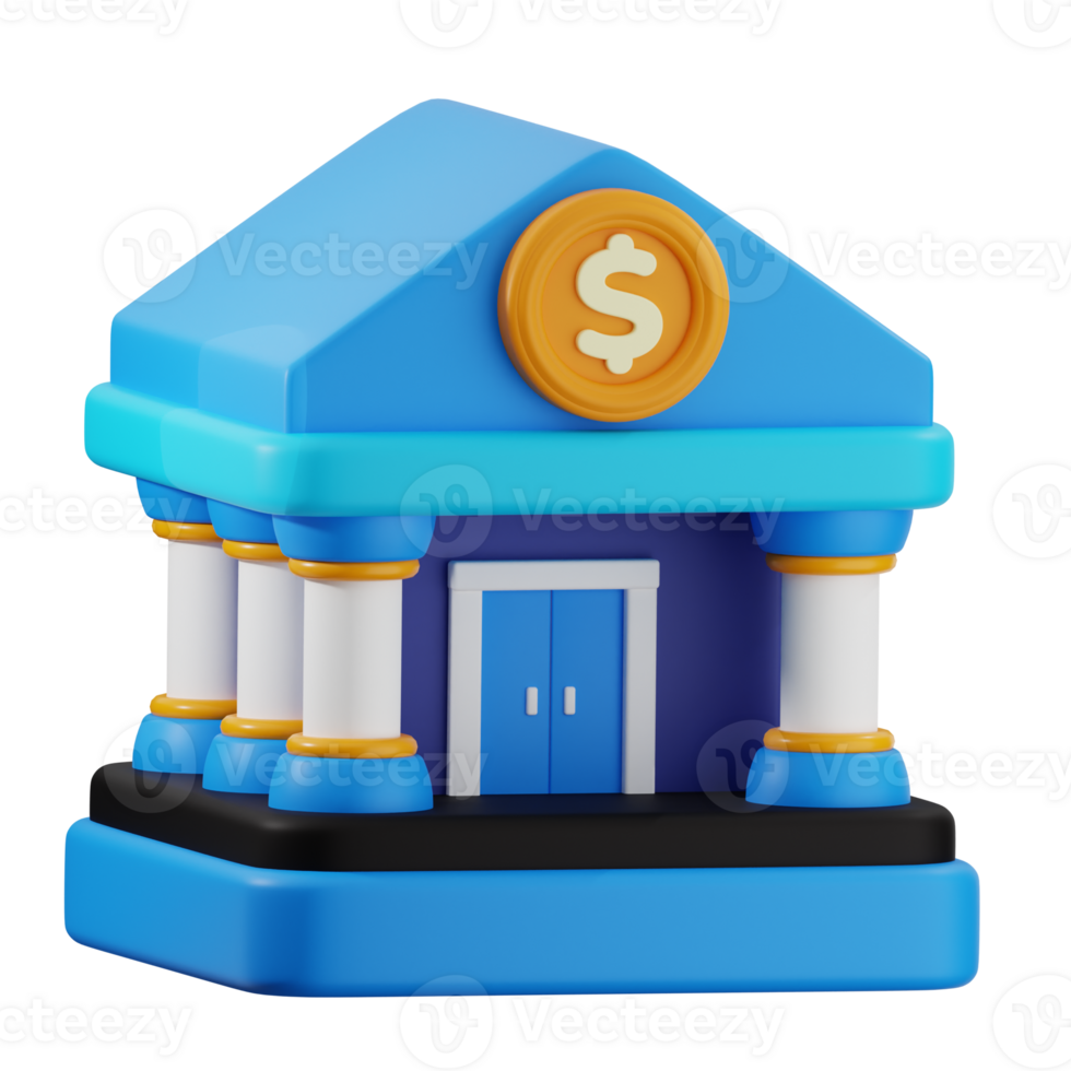 Cartoon bank building with dollar symbol showing finance and investment on transparent background png