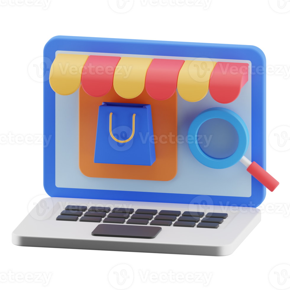 Ecommerce laptop illustration concept. online shop, online store 3d render icon isolated. png