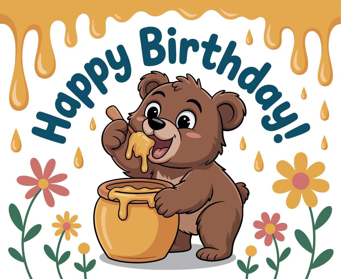Cute Cartoon Bear Celebrating Happy Birthday with Honey cheerful cartoon bear enjoys honey from large pot birthday bear honey cartoon cute happy greeting vector