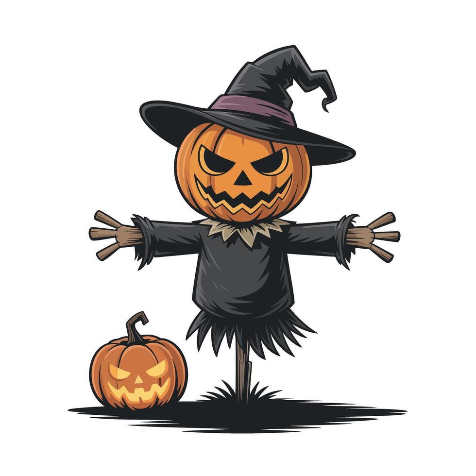 Spooky Halloween Scarecrow with Jack o lantern Face and Witch s Hat Cartoon scarecrow pumpkin head witch s hat scarecrow halloween pumpkin jack o lantern witch vector