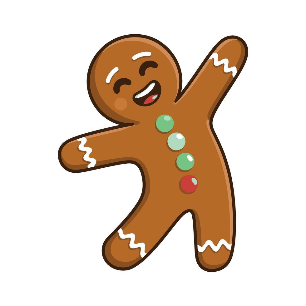 Cheerful Cartoon Gingerbread Man with Raised Arms Happy gingerbread man arms raised decorated icing gingerbread man gingerbread cookie christmas holiday cartoon character illustration vector