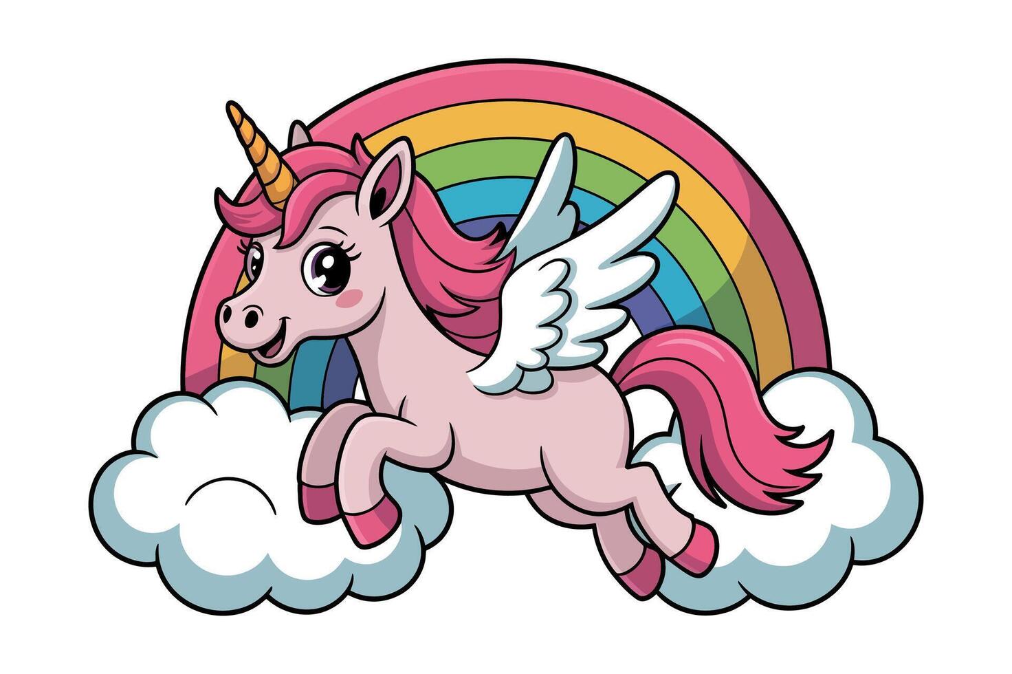 Cute Cartoon Unicorn with Wings Flying Above a Rainbow and Clouds cheerful cartoon unicorn wings flying above clouds rainbow unicorn cartoon cute kawaii vector