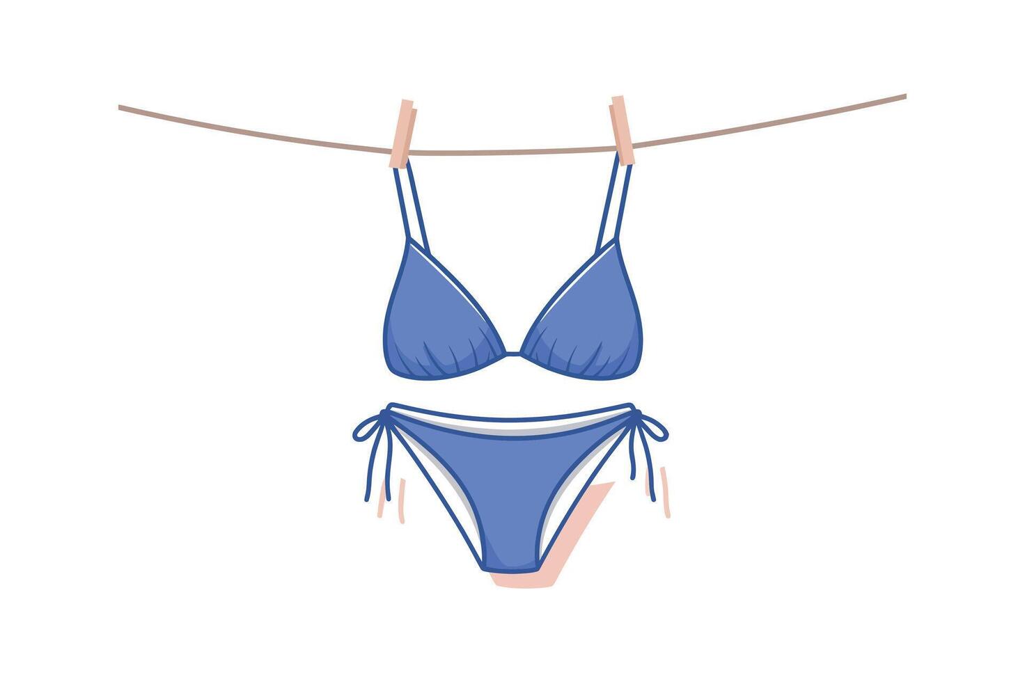 A pair of stylish light purple blue triangle bikini top and string bikini bottoms hanging on a clothesline Cartoon illustration trendy two piece swimsuit vector