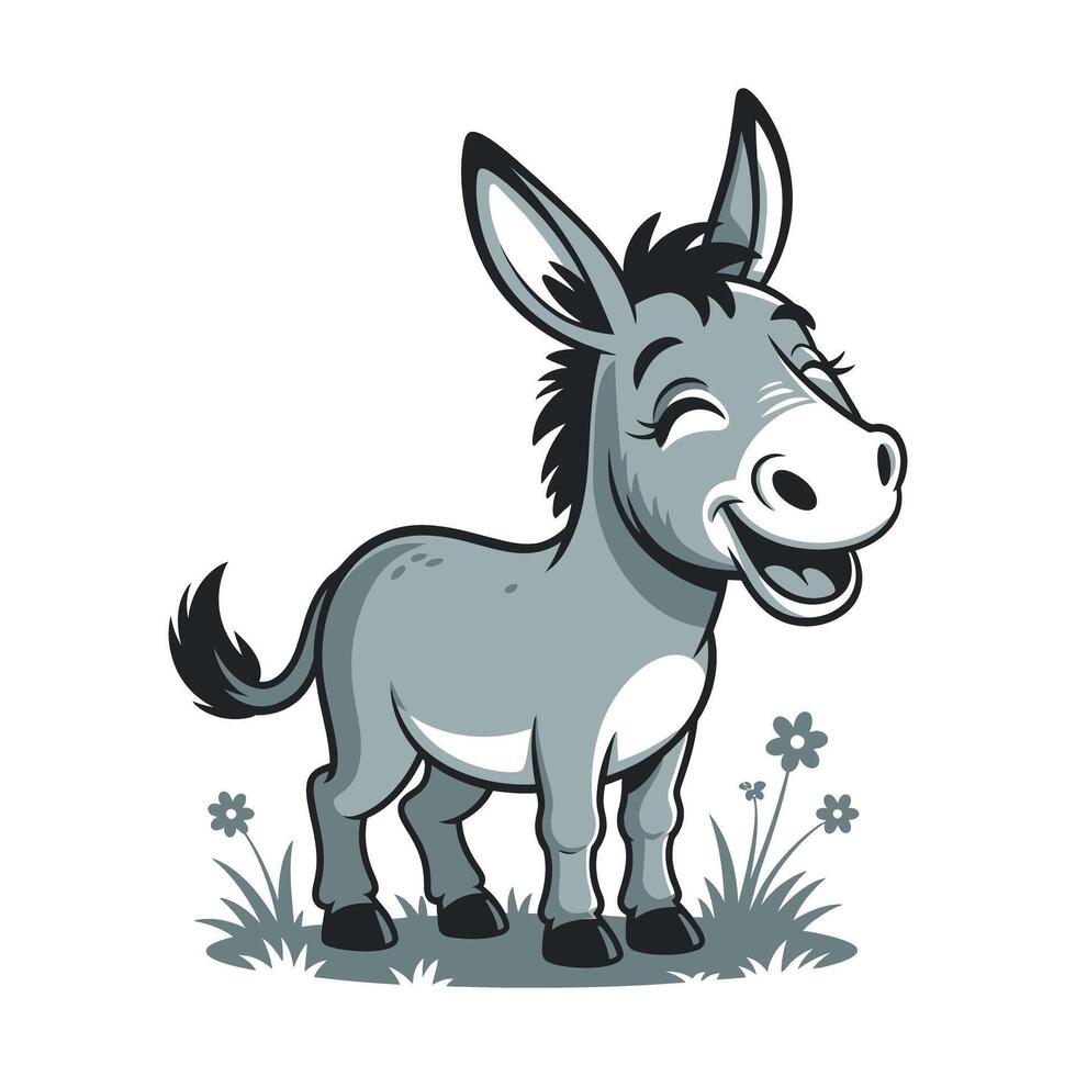 Cute Cartoon Donkey with a Happy Expression in a Grassy Field cheerful cartoon donkey wide smile and closed eyes stands grassy field flowers vector