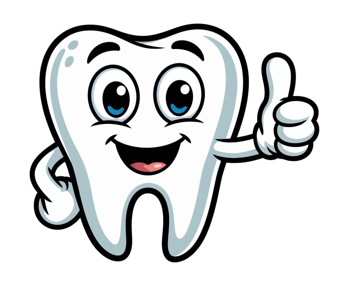 Cartoon tooth giving a thumbs up a happy and healthy tooth illustration for dental care cheerful cartoon character with big eyes wide smile vector