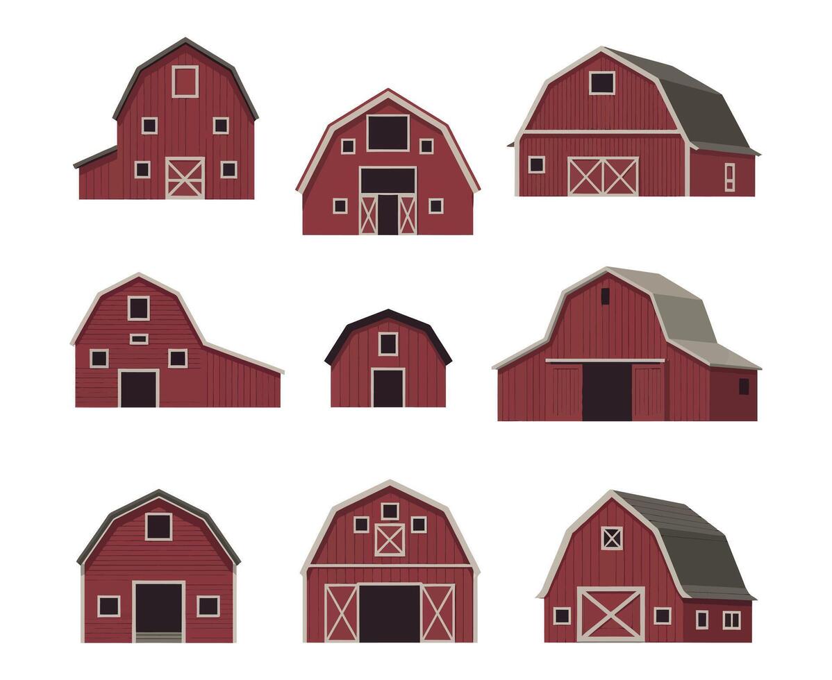 Collection of Various Red Barns with Gable and Gambrel Roofs Nine different red barn illustrations various styles barn red barn farmhouse farm buildings vector