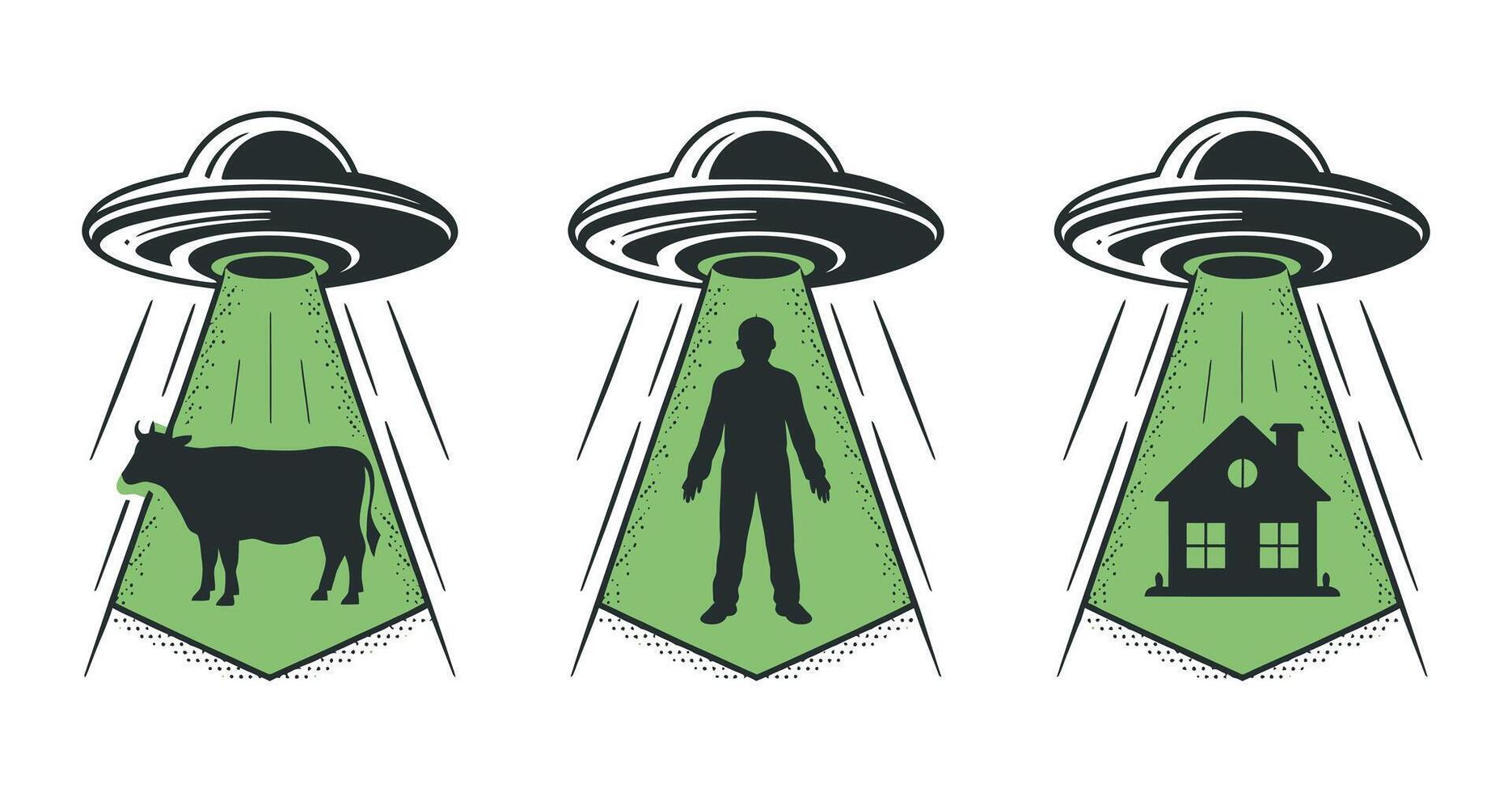 Ufo Abduction Depicting a Cow Person and House Three silhouettes cow person house are being abducted three separate UFOs ufo abduction cow person vector