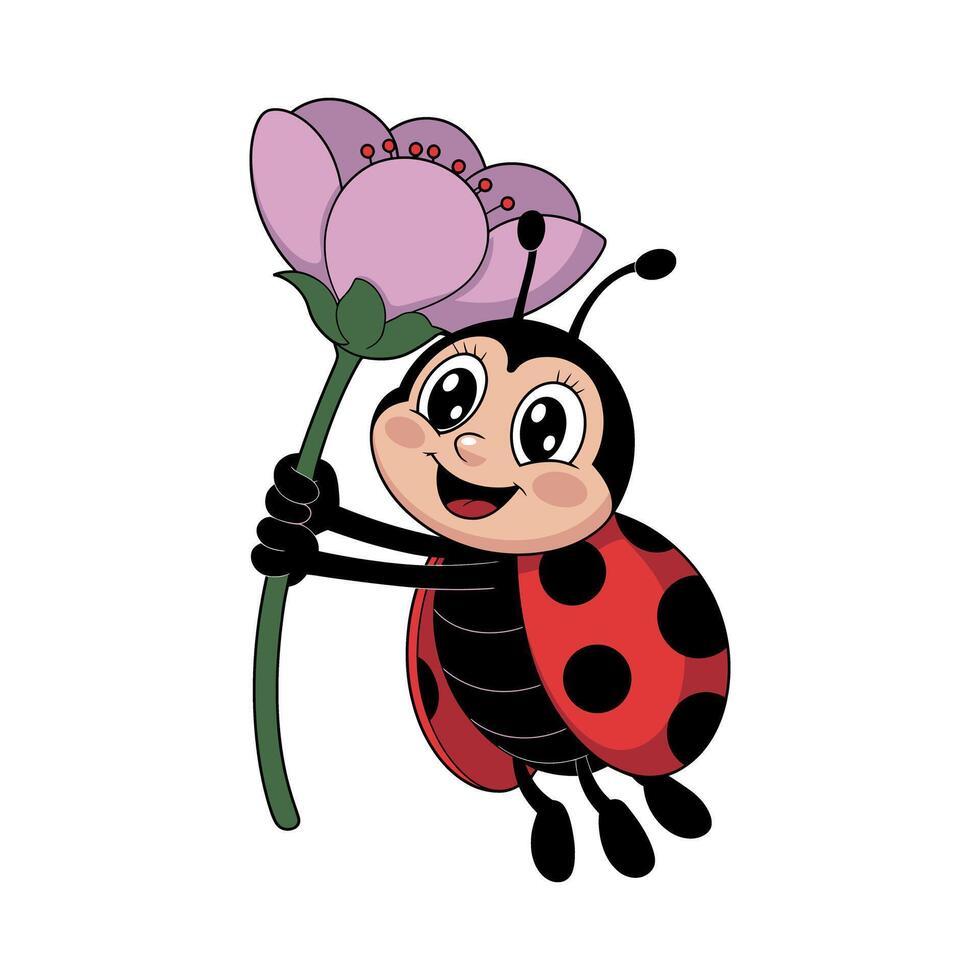 Cute ladybug holding a beautiful flower a charming cartoon illustration Smiling with hands style cute insect adorable character ladybird spring summer nature animals vector