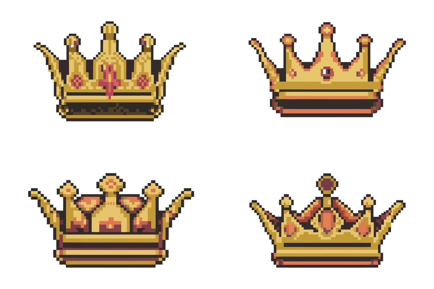Four Pixel Art Crowns in Gold and Reddish Brown Tones vector