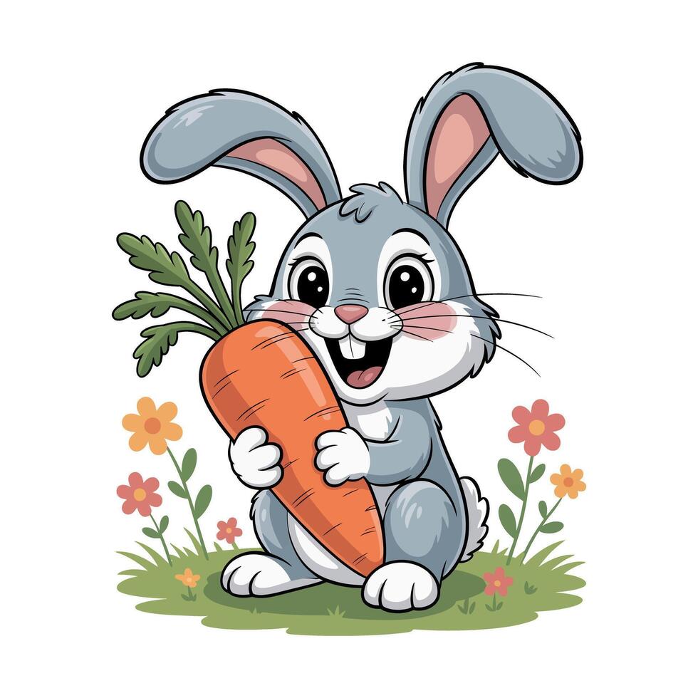 Cute Cartoon Grey Rabbit with a Big Carrot in a Flower Garden cheerful cartoon rabbit holding large carrot surrounded flowers and grass rabbit vector