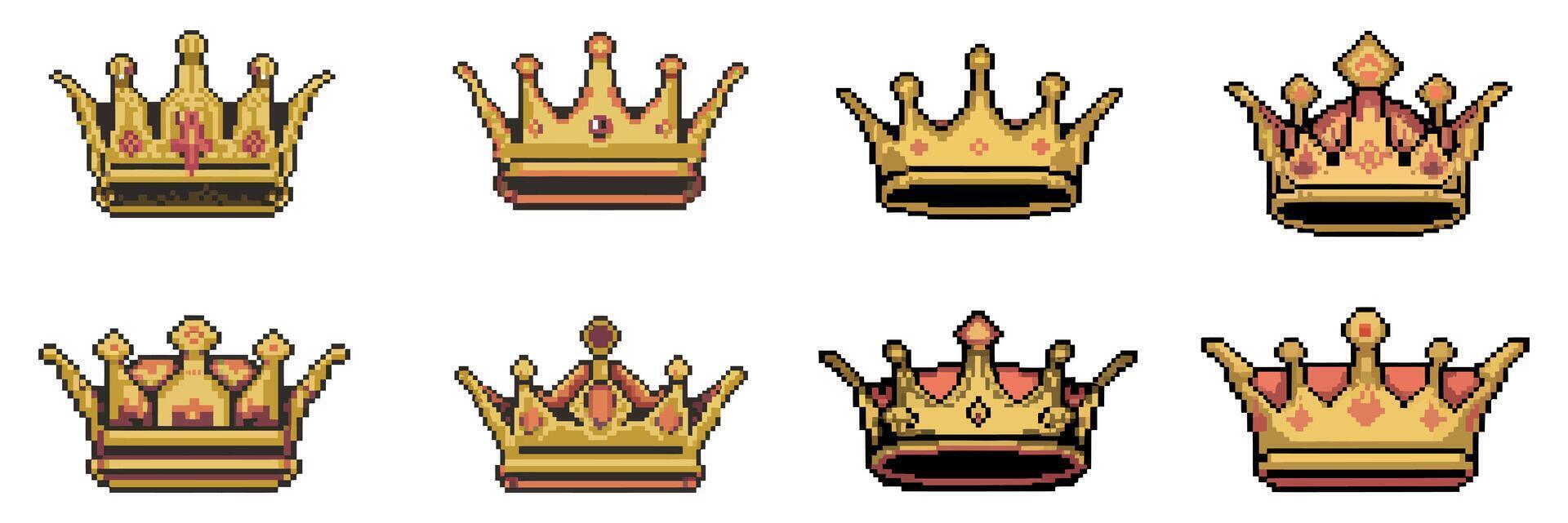 Set of pixel art crowns in gold and red tones on white background vector