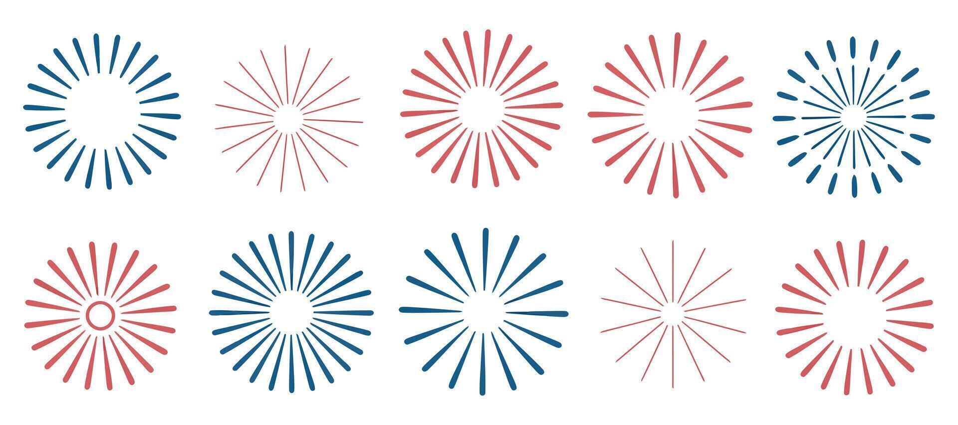 Collection of Simple Fireworks Design Elements in Red and Blue Set radiating firework graphic elements two colors fireworks graphic design graphics firework vector