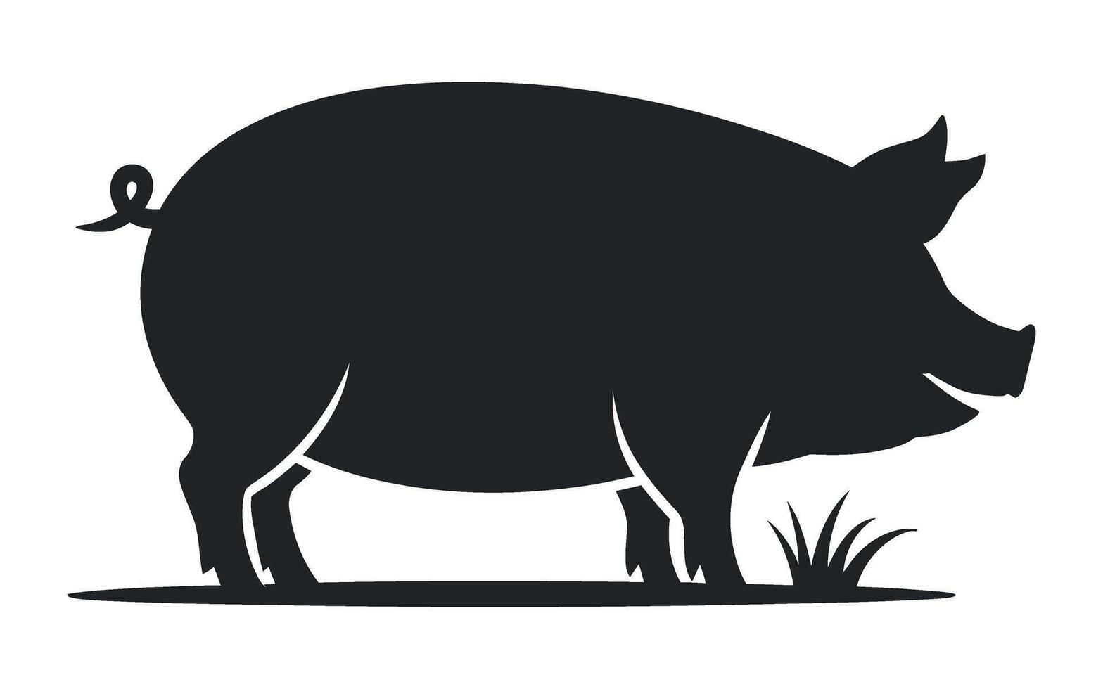 Simple Black and White Silhouette of a Pig with Grass stylized silhouette pig standing the ground grass pig silhouette animal farm animal black vector
