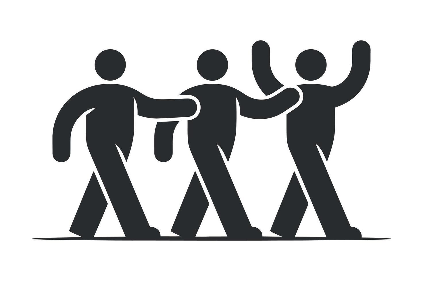 Three stylized figures walking together one giving a high five another assisting Simple graphic three people walking another five people group assistance collaboration vector
