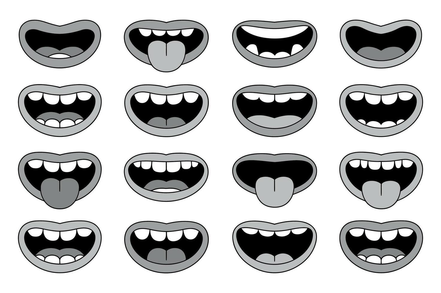 Collection of Various Cartoon Mouth Expressions in Grayscale Set black and gray cartoon mouth shapes with different expressions mouth expressions cartoon mouths animation vector