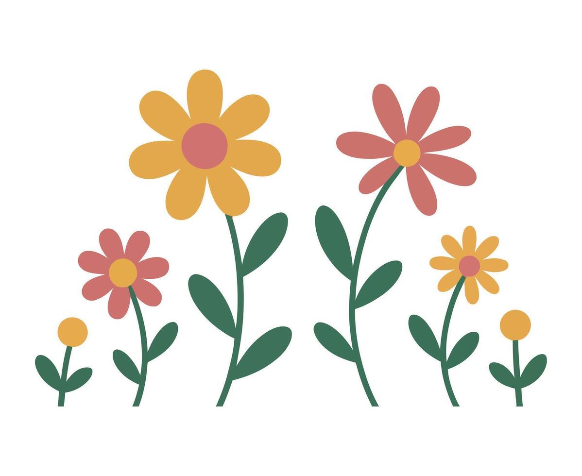 Cute Colorful Flat Design Flowers with Simple Shapes Four stylized flowers warm colors simple green leaves flowers floral illustration design spring summer cute vector
