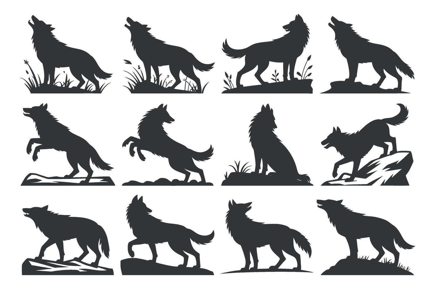 Collection of Diverse Wolf Silhouettes in Various Poses on a White Background wolves different poses including standing howling and rocks wolf wolf silhouette vector
