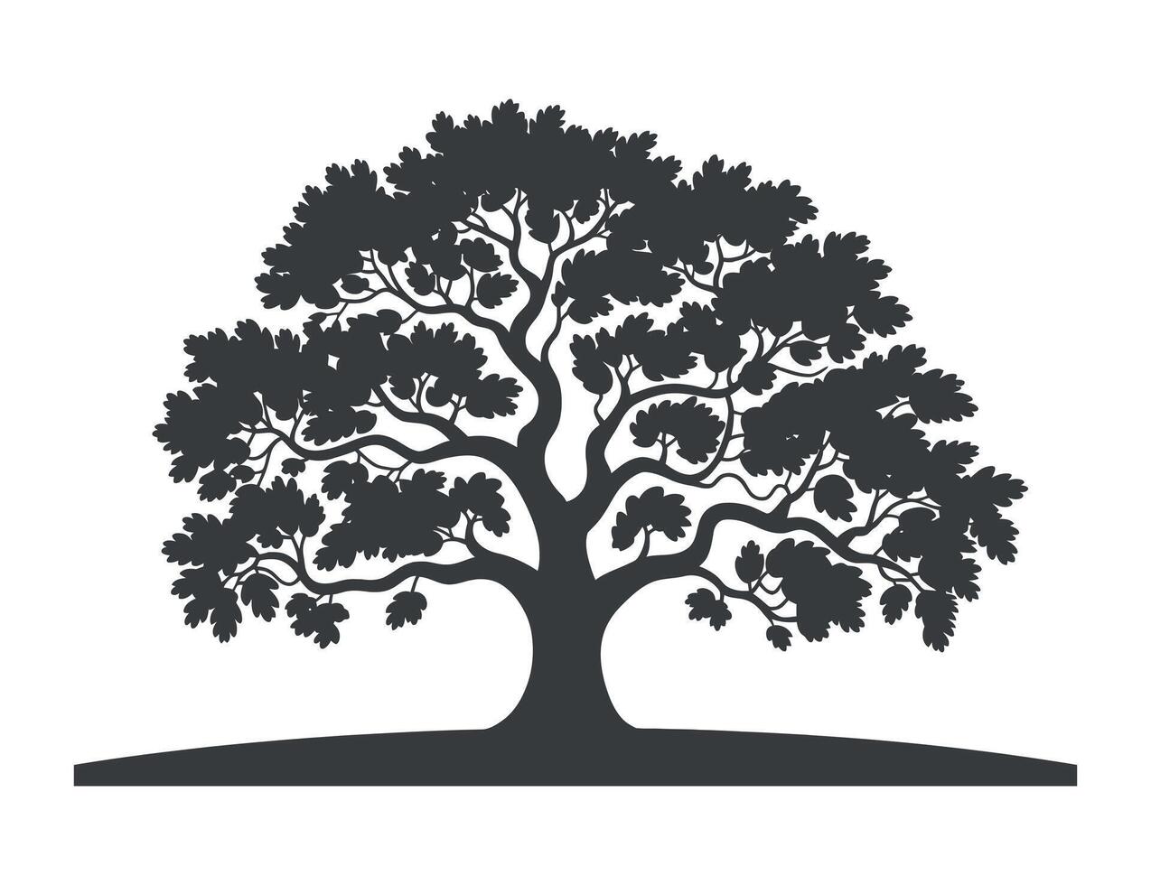 Silhouette of a Majestic Oak Tree with Lush Foliage and a Wide Base Simple black silhouette large oak tree against white background oak vector