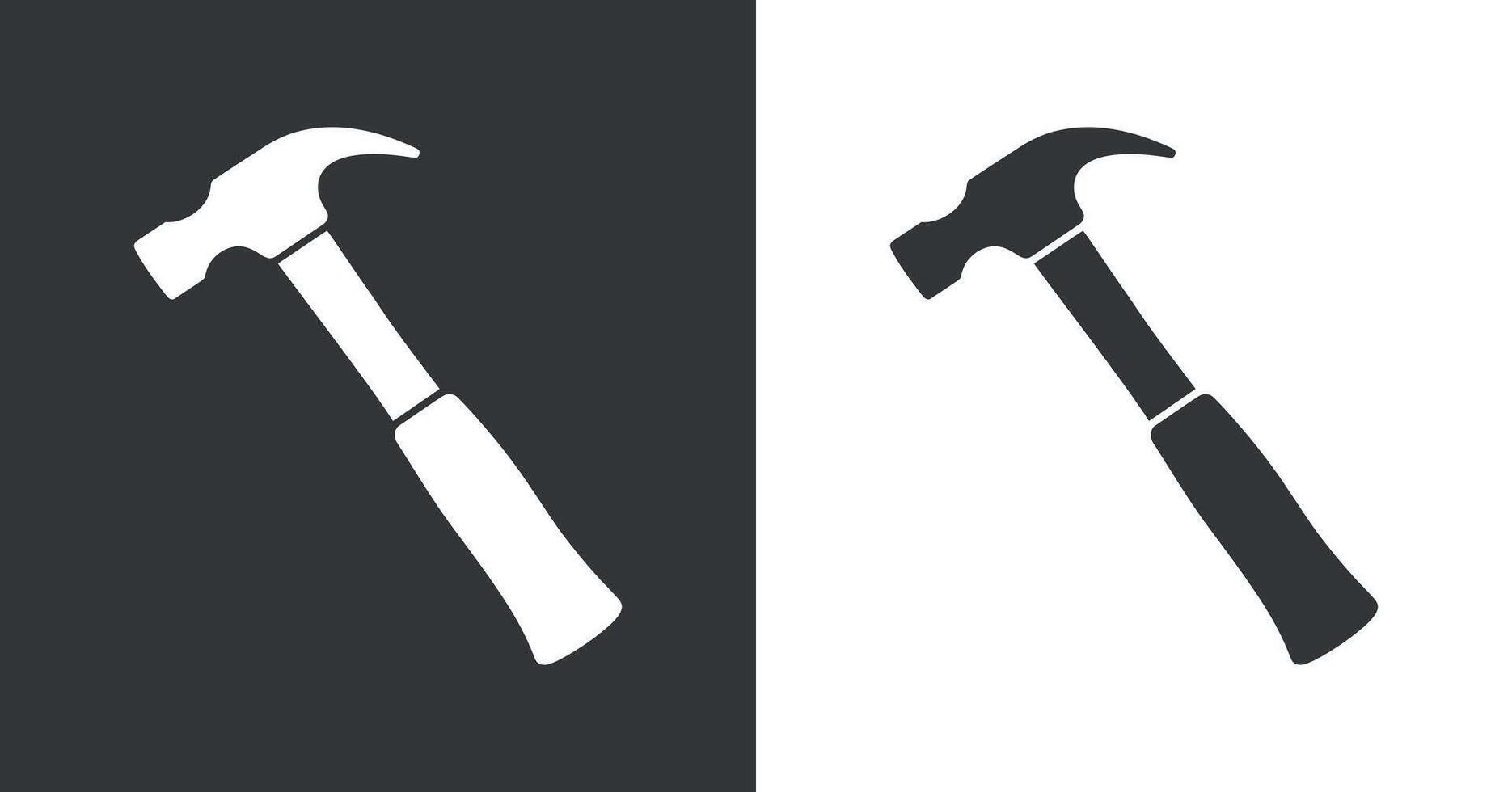 Two contrasting hammer icons in grayscale on a black and white background Simple symmetrical silhouettes light dark gray tones tool construction repair icon vector