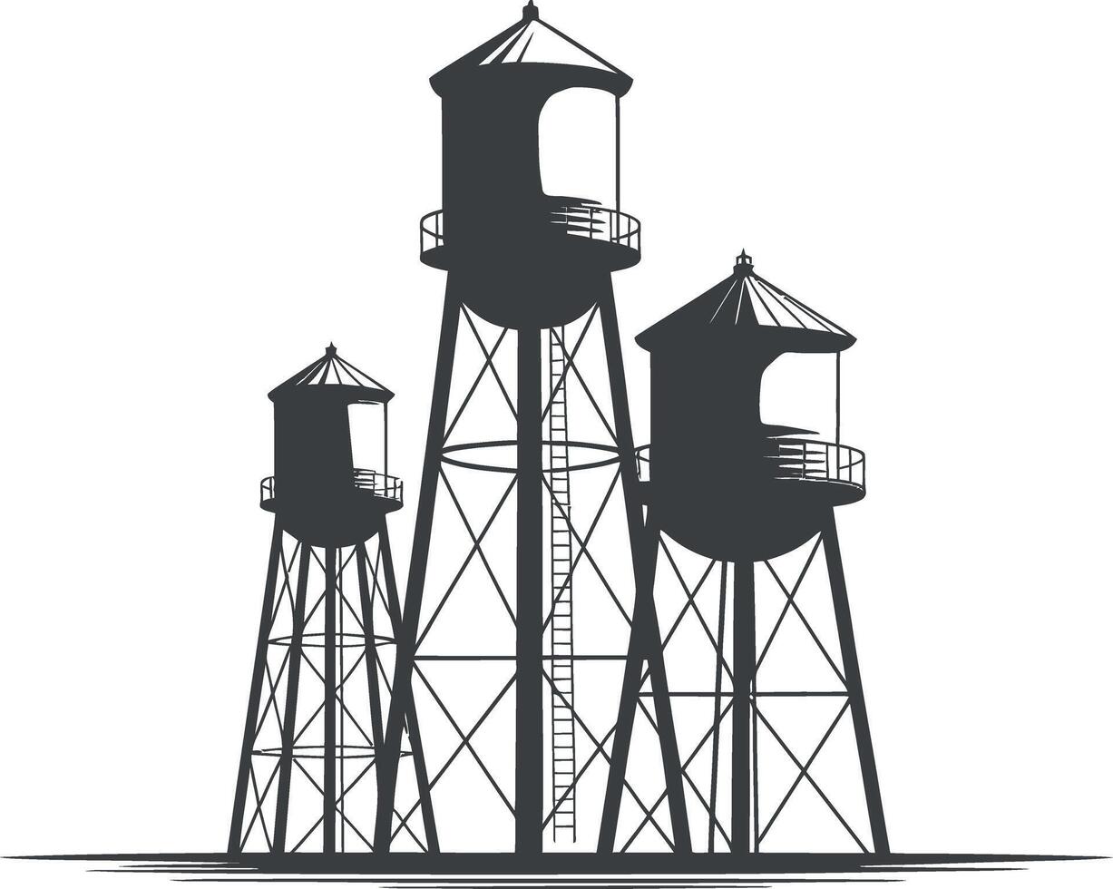 Silhouette of Three Vintage Water Towers with Supporting Structures Black and white illustration three water towers water tower vintage water tower water towers vector