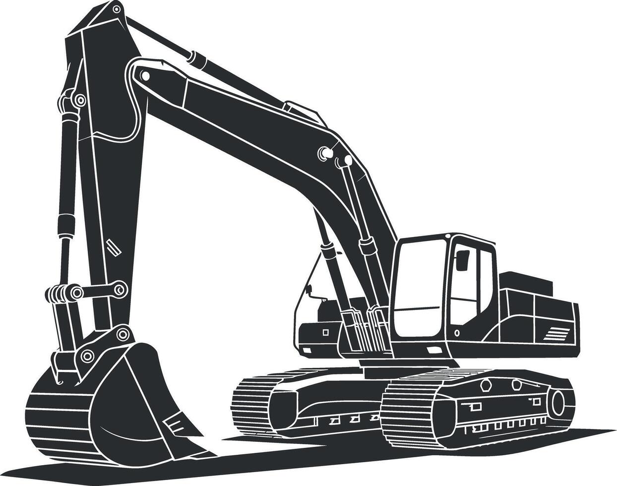 Silhouette of a Powerful Excavator with Detailed Design Elements Black and white illustration heavy duty excavator excavator construction equipment heavy machinery digger earthmoving construction vector