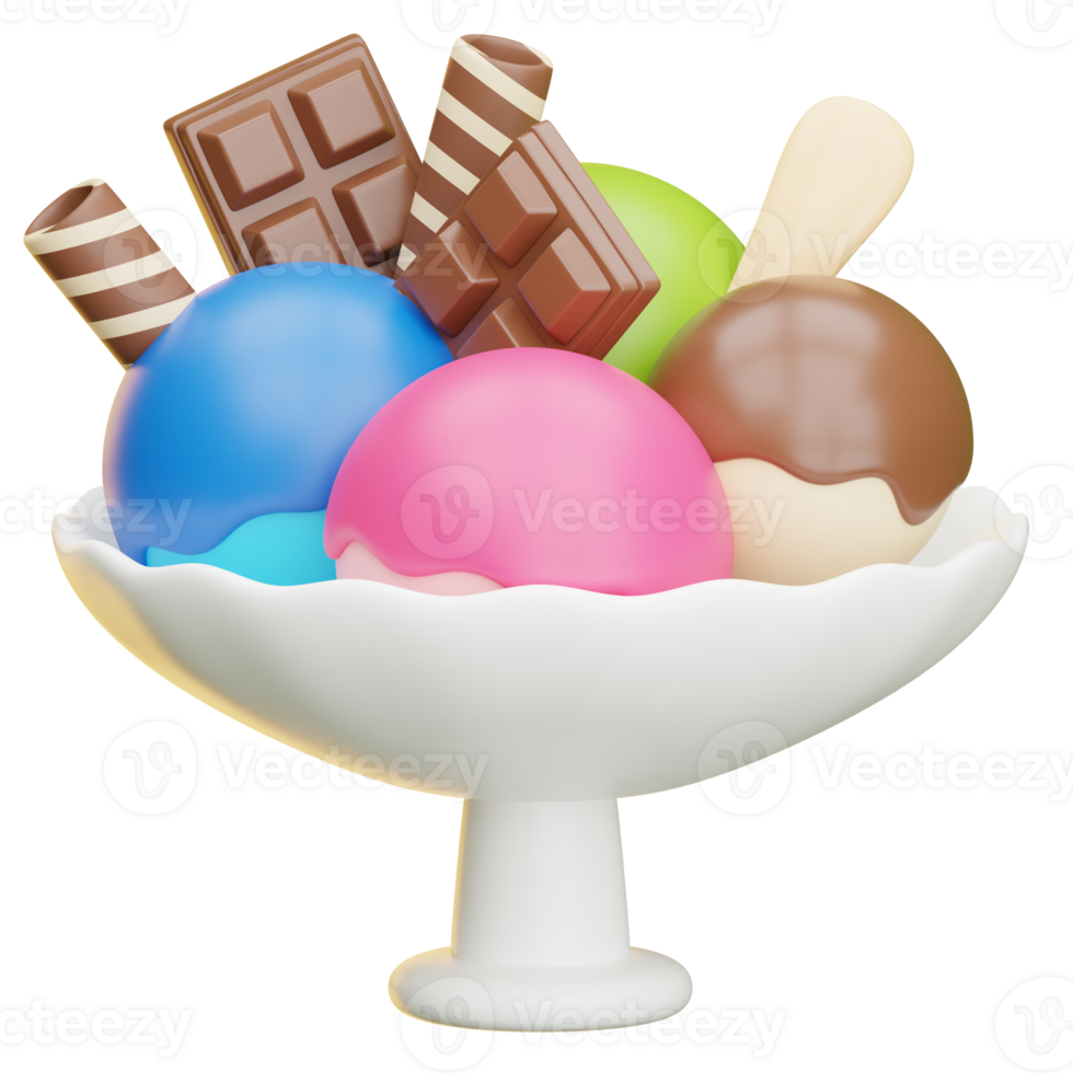 Colorful ice cream sundae with chocolate bars and wafer rolls png