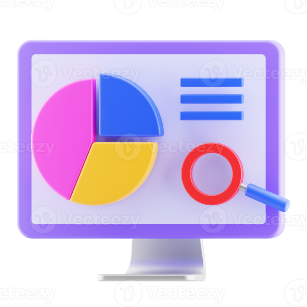 Business illustration concept. computer monitor with chart, magnifier 3d icon isolated. 3d render illustration. png