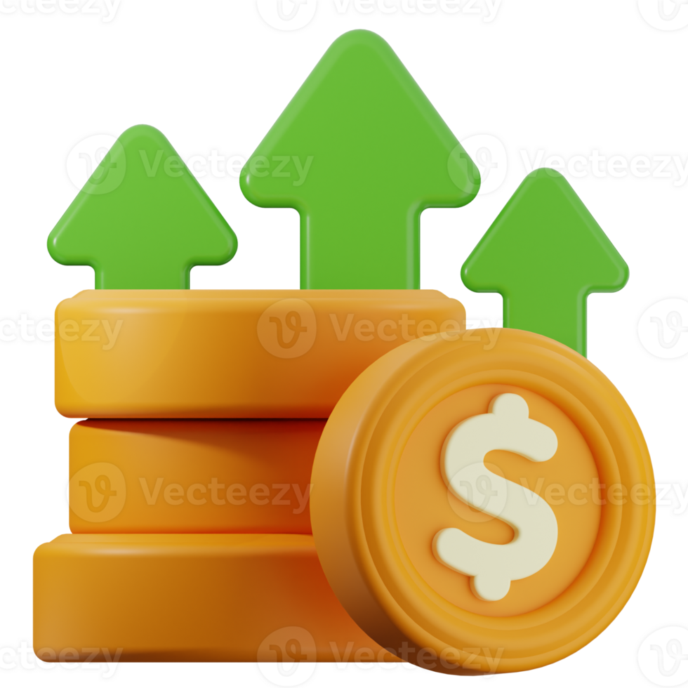 Stack of dollar coins increasing with upward green arrows on transparent background png