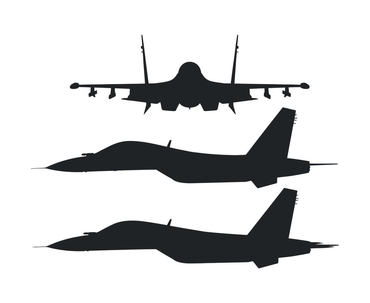 Three Different Views of a Fighter Jet Silhouette Black silhouettes fighter jet three different views top side and profile fighter jet military aircraft vector